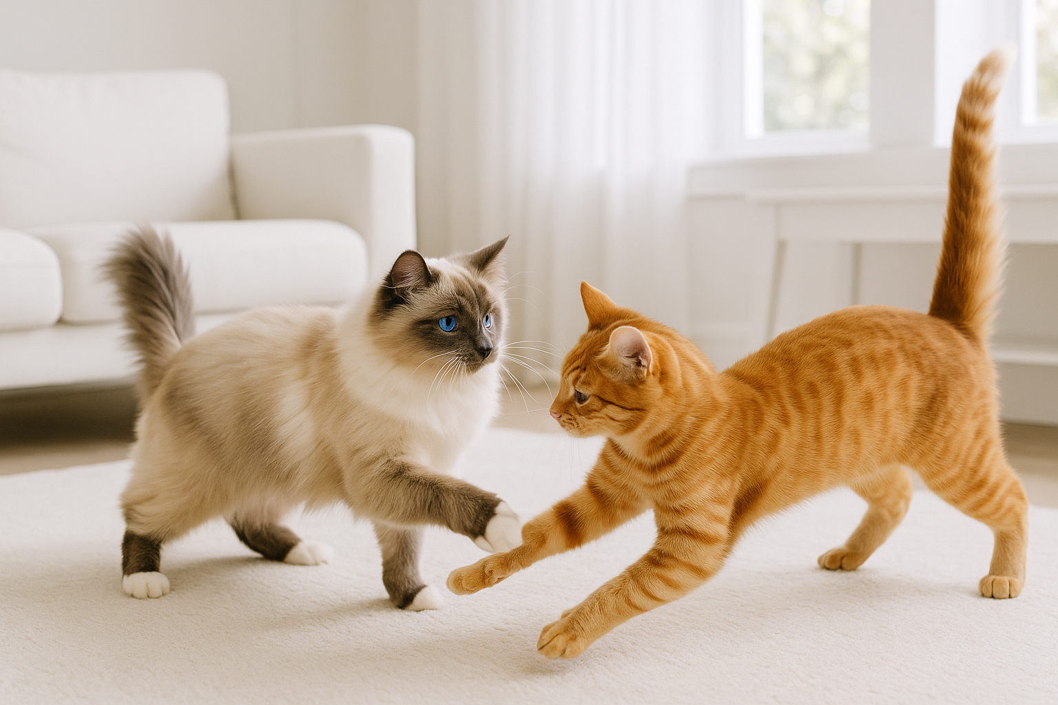 Gör en bild på en ragdoll katt och en orange katt som leker med varandra i ett vitt hem
