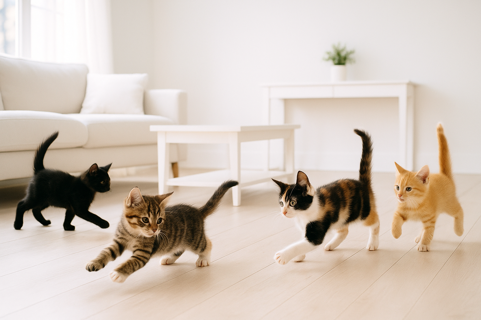 Gör en bild på kattungar som leker och springer i ett vitt hem